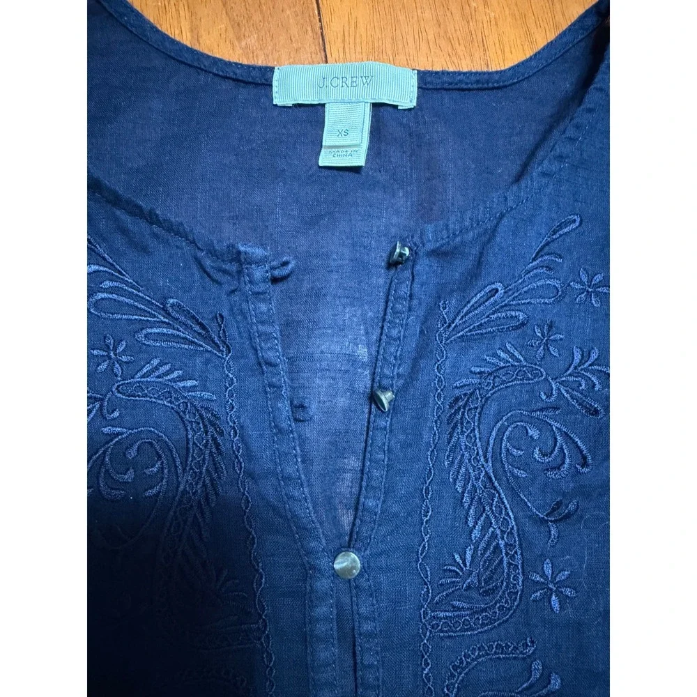 J.Crew Navy Blue Embroidered Cotton Linen Tunic Top Swim Cover Up Womens XS Read